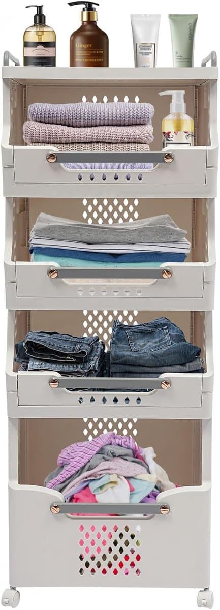 Wasmand met wieltjes - Wassorteerder opbergbox - Ruimtebesparend sorteren - Vier praktische niveaus - 110 cm hoog - Wit grijs — afbeelding 1