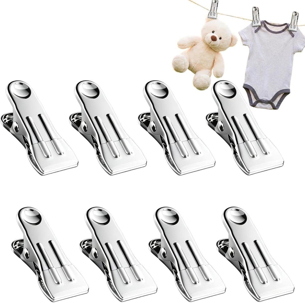 Wasknijpers Zwaar - Kledingclips Hanger - Kleding Drogen - Roestvrij Staal - 8 Stuks - Wit — afbeelding 1