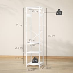 Kledingrek met Stang en 2 Open Planken, Hout en Staal, 38,5x30x170 cm, Wit en Houtkleur — thumbnail 5