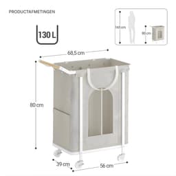 Waskorf – Voor Woonkamer & Badkamer – Rollende Waskorf met 2 Compartimenten en Afneembare Hangzak – Beige — thumbnail 3