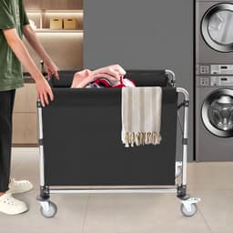 Wasmandkar – Voor hotels en woningen – opvouwbaar met zwenkwielen en metalen frame met binnenvoering, hoge draagkracht (200 kg) – metaal/kunststof – zwart — thumbnail 4