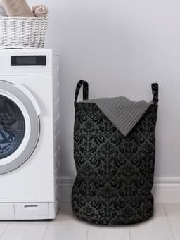 ABAKUHAUS donkergrijze waszak, zwarte damastbloemen, wasmand met handvatten en trekkoord voor wasserettes, Black Grey — thumbnail 3