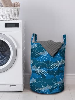 ABAKUHAUS blauw-witte waszak, regenwolken-grafica, wasmand met handvatten en trekkoord voor wasserettes, blauw donkerblauw — thumbnail 3