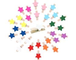 Houten Knijpers - Stervorm Clips - Foto's Ophangen - Kleurrijk Decoratief - 100 Stuks - Multicolor