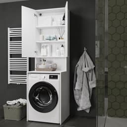 PLATAN ROOM Wasmachinekast, badkamer, hoge kast, bovenbouwkast voor wasmachine en wasdroger, 210 x 65 x 50/56 cm, wit (mat wit/wit hoogglans, 56 cm diep) — thumbnail 2