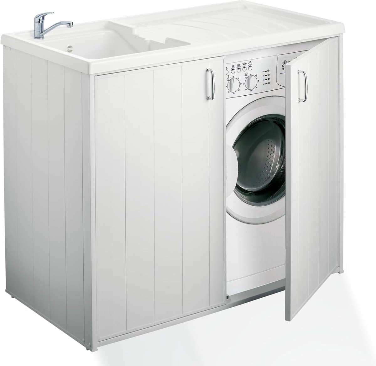 Wasmachinekast met Wastafel - Waskast Hars - Opbergen Wasruimte - Omkeerbaar Bekken - 109 x 60 x 94 cm - Wit — afbeelding 1