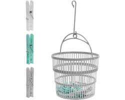 Wasknijpers met mand - Kledinghangers plastic - Was ophangen - Inklapbare mand - 50 stuks - Aqua grijs wit
