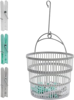 Wasknijpers met mand - Kledinghangers plastic - Was ophangen - Inklapbare mand - 50 stuks - Aqua grijs wit — thumbnail 1