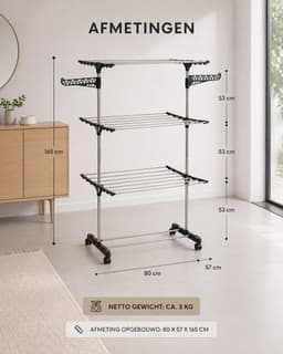 Droogtoren met 3 Niveaus – Inklapbaar Droogrek – Verrijdbaar met Wielen – 17 Meter Drooglengte – Compact Wasrek — thumbnail 1