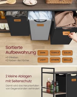 FurnStar Wasmand 3 Vakken – Wassorteerder 150L met Rollen en Planken – Afneembare Waszakken – 6 Etiketten – 117 x 33 x 80,5 cm – Kastanjebruin - Inktzwart & Duifgrijs — thumbnail 4