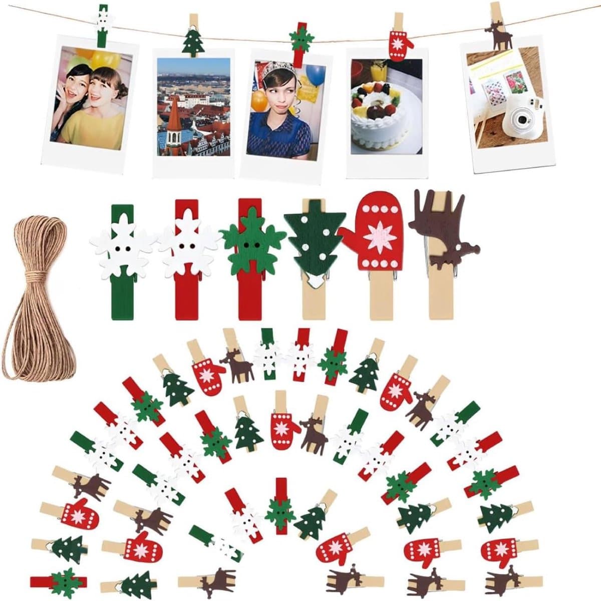 Kerstclips van hout 50 stuks, mini handwerk knijpers, kerstdecoratie met hennepkoord 10m — afbeelding 1