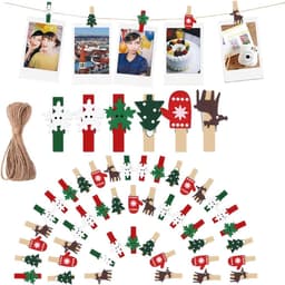 Kerstclips van hout 50 stuks, mini handwerk knijpers, kerstdecoratie met hennepkoord 10m — thumbnail 1