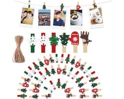 Kerstclips van hout 50 stuks, mini handwerk knijpers, kerstdecoratie met hennepkoord 10m