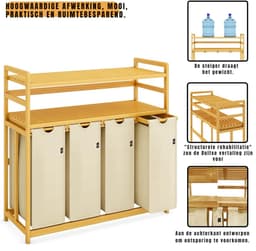 SVN® Wasmand 4 Vakken - Wassorteerder - Wasmand - Bamboe Frame - Beige- ‎104cm x 42cm x 100cm — thumbnail 4