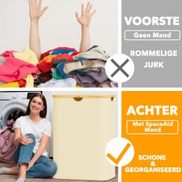 SpaceAid Dubbele Wasmand - 2 Vakken - Met Deksel & Afneembare Tassen - 160L - Bamboe Handvatten - Opvouwbaar - Beige — thumbnail 4