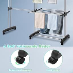 Droogrek toren met 4 etages en inklapbare vleugels - Uitschuifbaar van 75-150 cm, ruimtebesparend wasdroger met 360° draaibare wielen — thumbnail 2