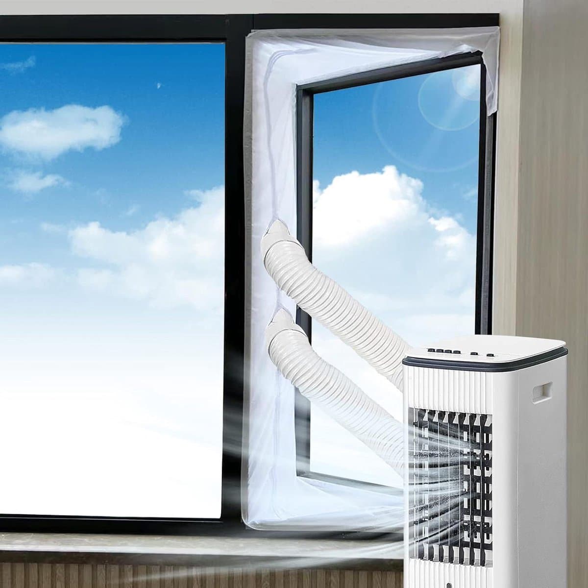 Afdichtingsset voor mobiele airconditioning - raamdeur - universeel geschikt - eenvoudige installatie - afvoerslang - ritssluiting - 4 meter lang — afbeelding 1