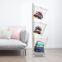 Wasmandwagen Met 3 Manden Wit 26*32*123cm 3-Laags Rolbare Wasmanden Op Wielen Wasrek Waswagen Voor Badkamer Waskeuken — thumbnail 4