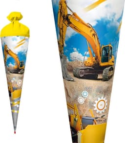Grote Puntzak 70 cm met Graafmachine Thema voor Schoolstart - Rond — thumbnail 4
