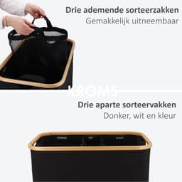 KROMS Wasmand 3 vakken - Zwart - Inclusief NL & ENG Labels - Wassorteerder bamboe - Laundry basket - Wasmand met deksel - 145 L — thumbnail 5