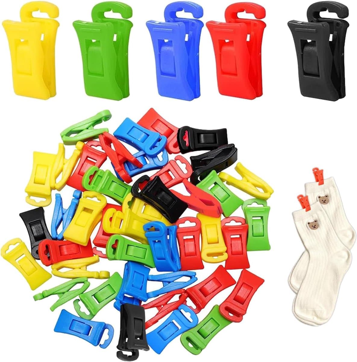 60 stuks sokkenclips - sokkenclip voor wasmachine en droger - sokkenhouder met haken - kleurrijke sokkenclips - multifunctionele sokkenklem - drogen en bewaren van gepaarde sokken - kleurenmix voor efficiënt gebruik — afbeelding 1