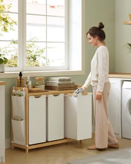 Conway Living® Wasmand 3 vakken – wassorteerder - wasmanden - wasbox - wasmand hout - wasmand - wasmanden bruin - 150 liter - 3 zakken - uitschuifbaar met plank - 94 x 33 x 78 cm — thumbnail 3