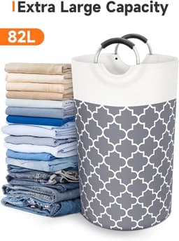 Grote wasmand - Wasmand - Opvouwbare waszak - Hoog met handvatten - Waterdicht, Reis- en badkamerbenodigdheden - Opbergruimte voor studentenhuis, Familieformaat - Grijs - 82L — thumbnail 4