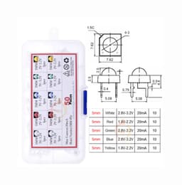 5mm Piranha LED Assortimentsset – 50 Stuks (Wit, Rood, Groen, Blauw, Geel) – Vierkante LED — thumbnail 1