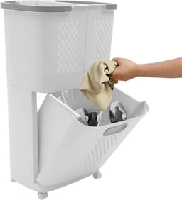 Wasmand met wielen - Waswagen Sorteer mand - Kleding sorteren - Afneembare manden - 44x31x745 cm - Grijs en wit — thumbnail 1