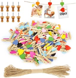 120 Stuks Mini-Houten Klemmen, Klein Hart, Mini-Wasknijpers, Bruiloft, Kleine Houten Knijpers Voor Polaroid Foto'S Met 10 M Jute Koord, Doe-Het-Zelf Voor Fotowand, Display, Feest (Kleur) — thumbnail 1