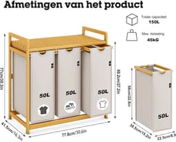 SP® Wasmand - 150L - Wasmand 3 Vakken - Wassorteerder - Lichtgrijs - 81cm x 42cm x 80cm — thumbnail 5