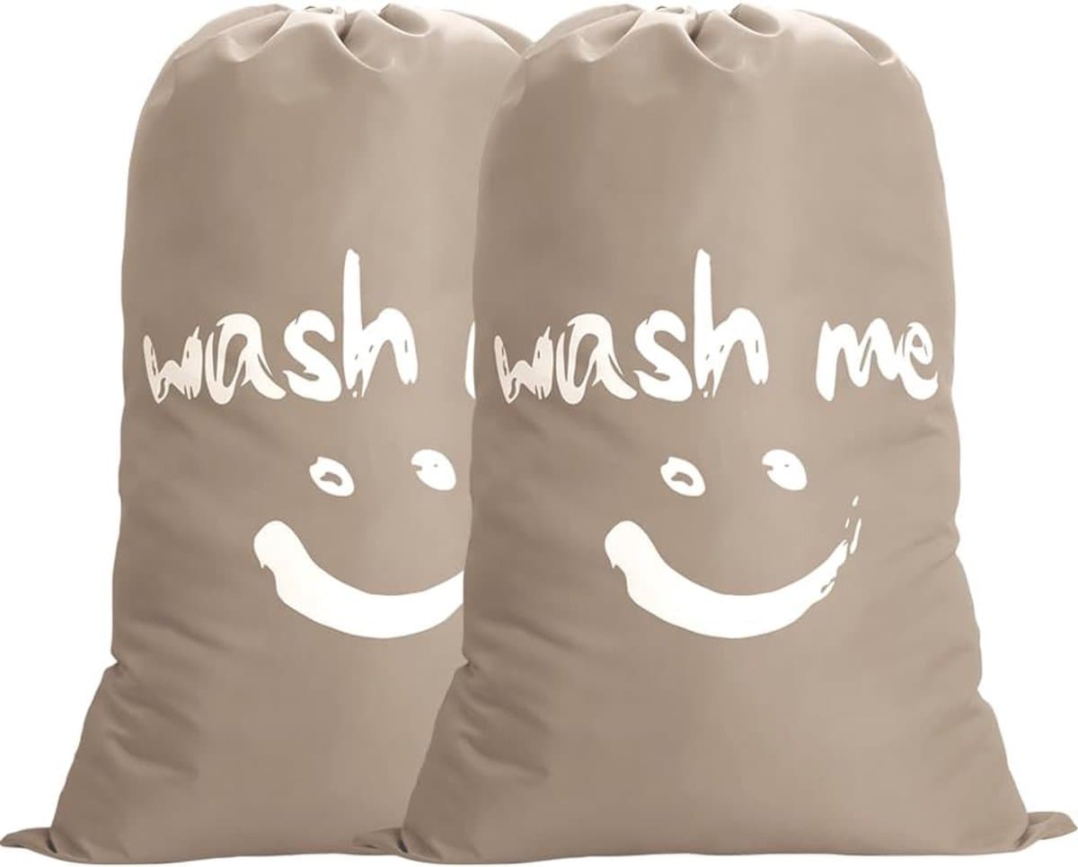 Set van 2 Grote Waszakken met Trekkoord, 120 Liter - Vouwbare Opbergzak voor Kleding, Dekens en Kussens, Duurzame Stoffen Opbergoplossing voor Thuis en Studentenhuis 61 x 92 cm (Khaki) — afbeelding 1
