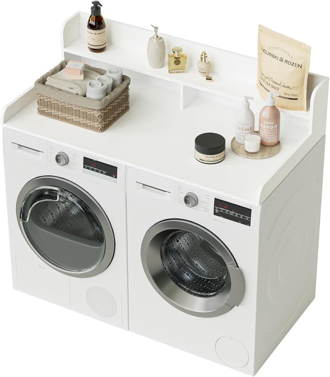SnelShoppen - 2-laags Wasdroog Werkblad voor Wasmachine en Droger, Organisatie en Opslag voor Utility Room, Houten Werkblad, Wit, 137x70x30.2 cm — afbeelding 1