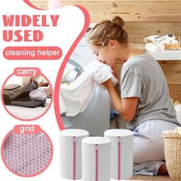 Set van 3 Waszakken met Fijn Net voor Ondergoed, Sokken en Gevoelige Kleding - Herbruikbaar en Met Rits, Cilindrische Vorm in Roze — thumbnail 3