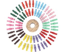 Wasknijpers van hout, fotoclips van hout met 30 m jute koord, voor kleding, foto's, creatieve vrije tijd