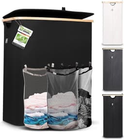SnelShoppen - XXL Hennez Wasbox 150 Liter Wasmand 3 Vakken met Deksel, Waszak, Zwart Bamboe, Wasverzamelaar, Sorteersysteem voor Huishouden, Praktisch — thumbnail 1