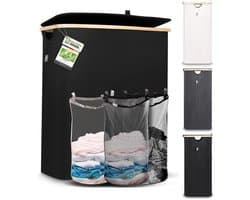 SnelShoppen - XXL Hennez Wasbox 150 Liter Wasmand 3 Vakken met Deksel, Waszak, Zwart Bamboe, Wasverzamelaar, Sorteersysteem voor Huishouden, Praktisch