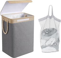 76L opvouwbare wasmand met afneembare tas, wasmanden voor wasgoed met deksel, opvouwbare kleine slanke wasmanden voor vuile kleding, wasmand met handvat voor kaki en grijs — thumbnail 1