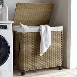 Wasmmand Rieten Wasmand Wasbak Wasmand Met Wielen – Handgeweven Riet – 4 Wielen Met Remmen – Afneembare Wasbare Binnenzak – Inklapbaar En Ruimtebesparend — thumbnail 4