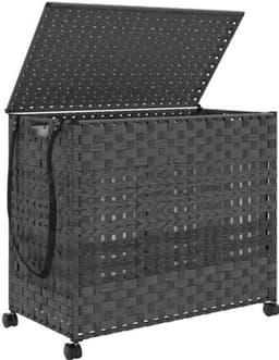 Wasmand – Wassorteerder – Wasbox – Opvouwbare Wasmand – Waszak – Met Wielen – Handgeweven Rattan – 66 x 35 x 60 cm — thumbnail 2
