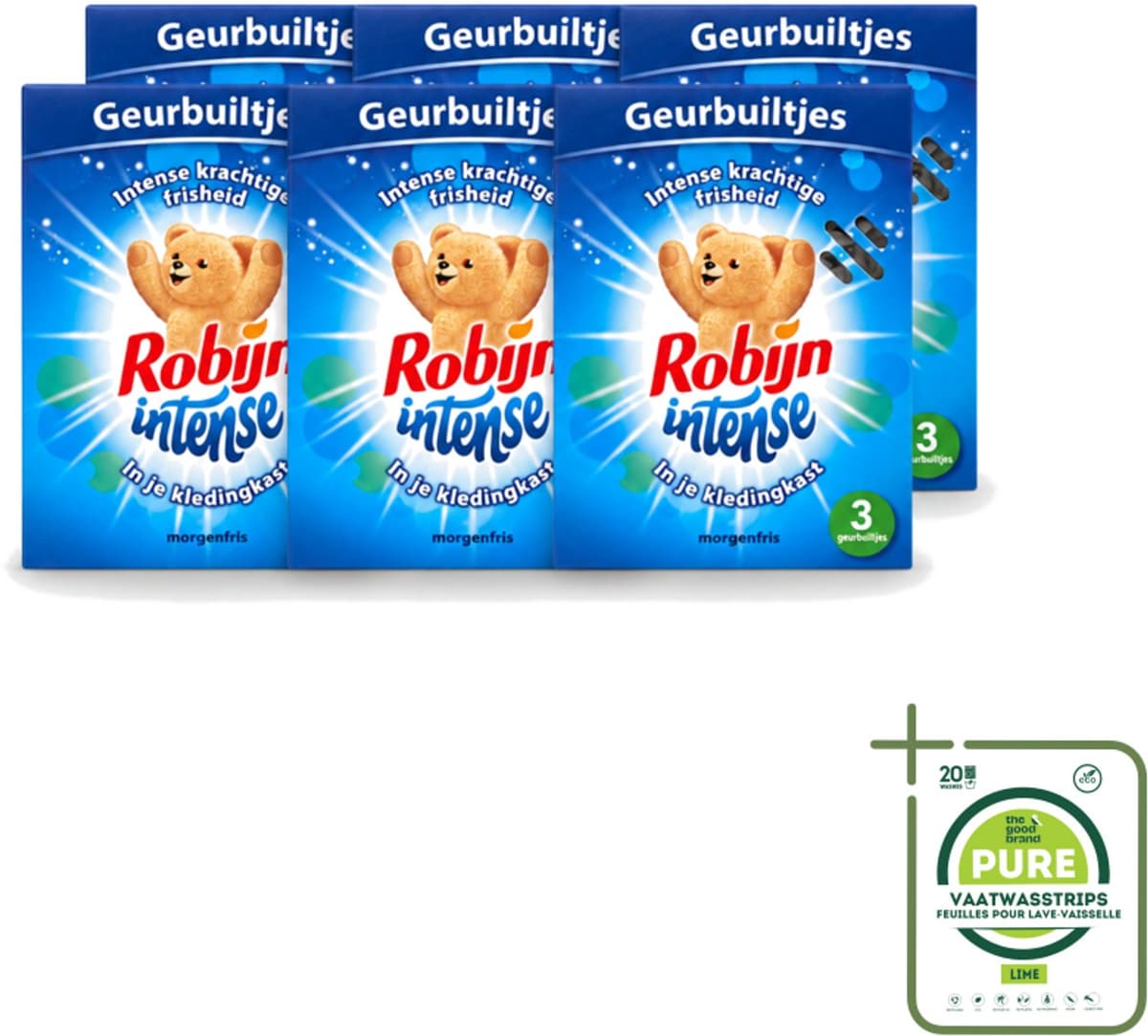 6 x Robijn - Intense - Geurbuiltjes - Langdurige Geur - Intense Frisheid - 3 Geurbuiltjes - Grootverpakking - Vaatwasstrips - Geur In Kleding - Frisheid Kleding - Geur In Tas - Geur In Koffer - Geur In Auto — afbeelding 1
