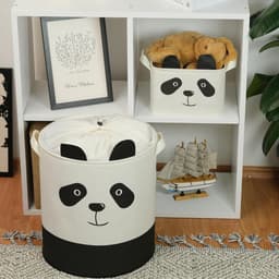 Opvouwbare cilindrische linnen wasmand - Grote opbergmand voor babykamer speelgoed dekens en kleding - Panda-motief — thumbnail 5