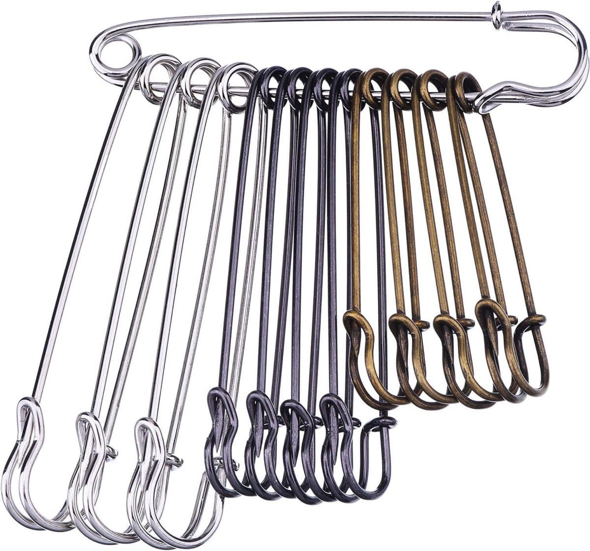 Veiligheidsspelden Set - 12 Stuks Roestvrij Staal, Extra Breed, Harde Clips - 3 Kleuren — afbeelding 1