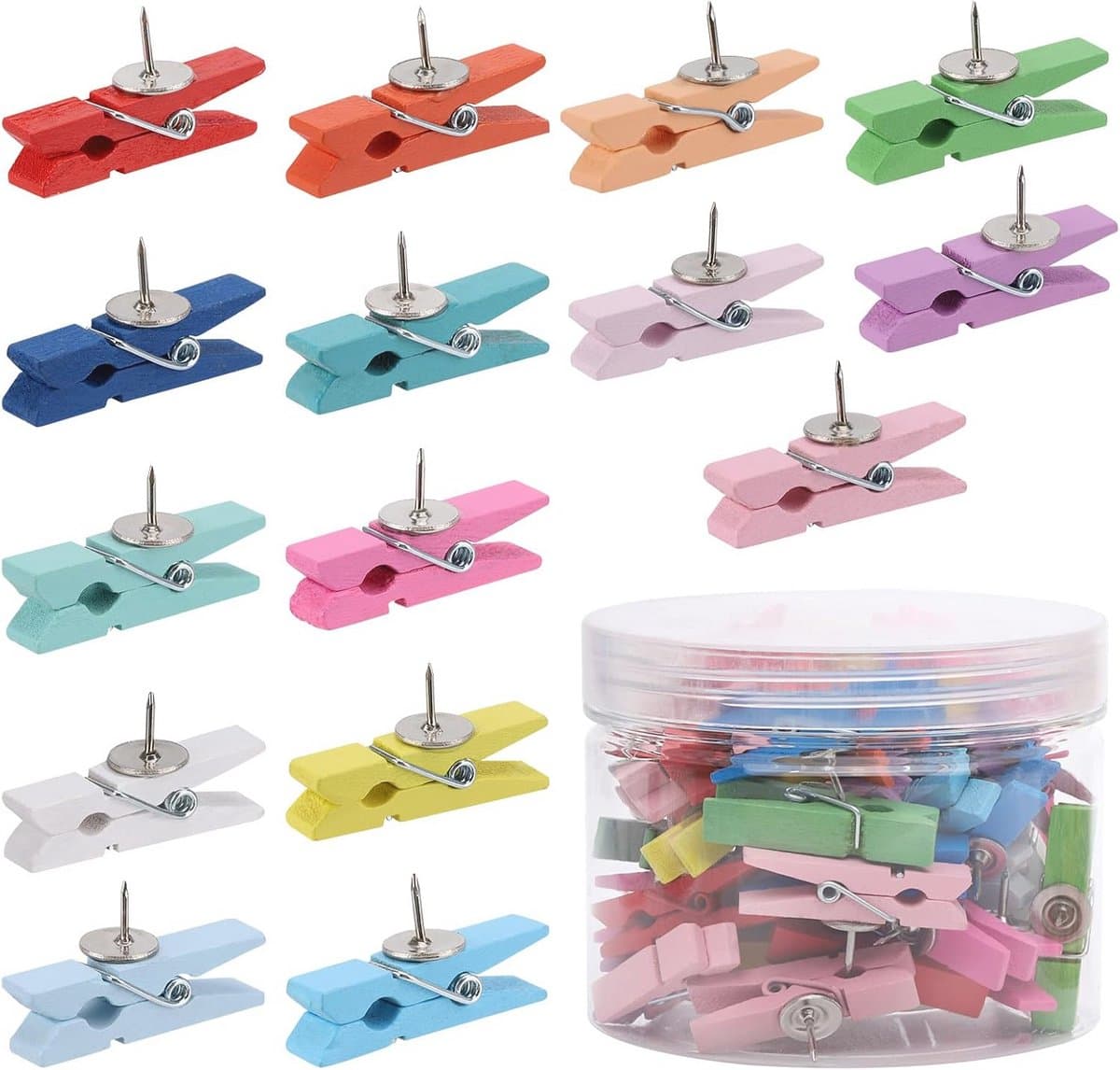 Kleurige duwspelden met houten clips - 50 stuks voor creatieve projecten — afbeelding 1