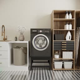 Wasophoogte® Wasmachine verhoger met uittrekbaar plateau - Wasmachine opbouwmeubel - Wasmachine sokkel - 42cm hoog - Zwart - Universeel - 65*60,5 (LxB) - Inclusief wandbeugels — thumbnail 5
