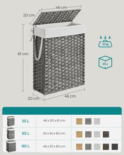 SONGMICS smalle wasmand, wasmand 55 L, wasbox van synthetisch rotan, met deksel en handgrepen, gevlochten, opvouwbaar, afneembare waszak, wasruimte duifgrijs LCB164G01 — thumbnail 4