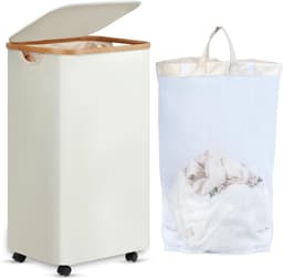 XL Wasmand met Wieltjes - 100 Liter - Beige - Bamboe - Met Deksel — thumbnail 1