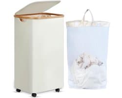 XL Wasmand met Wieltjes - 100 Liter - Beige - Bamboe - Met Deksel