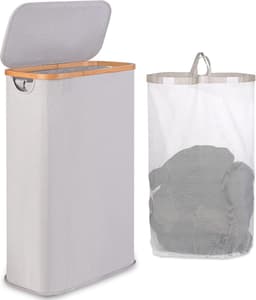 Wasmand 60 l - smal en opvouwbaar - lichtgrijs - met bamboe handvat — thumbnail 1