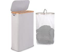 Wasmand 60 l - smal en opvouwbaar - lichtgrijs - met bamboe handvat